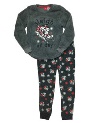 Disney Womens Plush Gray Fleece Mickey & Minnie Mouse Pajamas Sleigh All Day