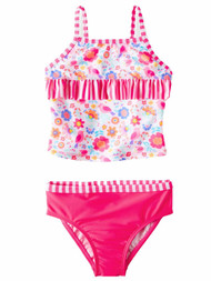 Toddler Girls Pink Floral Striped 2 Piece Ruffle Tankini Swimming Suit