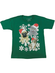 Boys Green Holiday Cats & Dog Short Sleeve T-Shirt Christmas Snow Tee Shirt