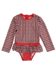 Infant & Toddler Girls Red & Blue Striped Long Sleeve Rash Guard Swimsuit