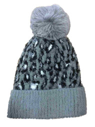 Womens Silky Soft Gray & Black Leopard Print Beanie Hat Knit Stocking Cap