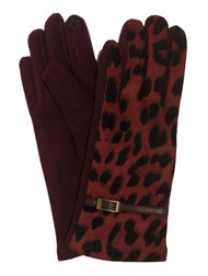 Womens Wine Red Leopard Print Stretch Fit Texting & Tech Touchscreen Gloves