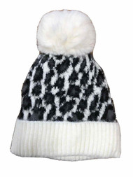 Womens Silky Soft Black & White Leopard Print Beanie Hat Knit Stocking Cap