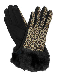Womens Brown Leopard Print & Faux Fur Stretch Fit Text & Tech Touchscreen Gloves