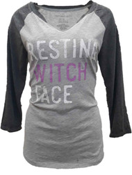 Womens Gray Charcoal Resting Witch Face Halloween Holiday Raglan T-Shirt Large