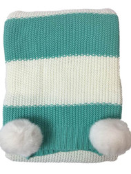 Teal Blue Stripe Sweater Knit Throw Blanket with Faux Fur Poms, Soft & Cozy Warm
