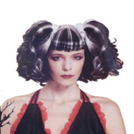 Womens Bad Fairy Wig Streaked Black & White Pig Tails with Blunt Bangs