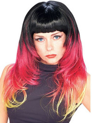 Womens Long Multi-Colored Sunburst Wig with Black Red & Blonde Highlights