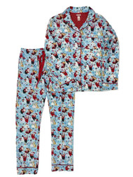 Womens Blue Flannel Santa Claus Snowman Christmas Holiday Pajamas Sleep Set