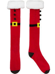 Womens Red Santa Claus Coat Christmas Fuzzy Cuff Holiday Knee High Socks