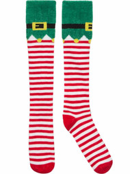 Womens Fleece Elf Santa Helper Christmas Holiday Striped Knee High Socks