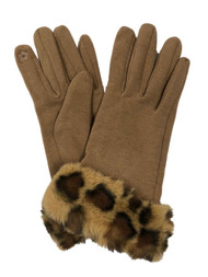 Womens Tan & Faux Fur Leopard Print Stretch Fit Text & Tech Touchscreen Gloves