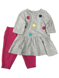 Carters Infant Girls Baby Outfit Gray Stripe Dot Dress & Pink Leggings Set