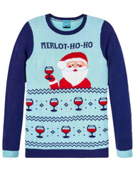 Womens Blue Santa Claus Wine Merlot Ho Ho Christmas Holiday Sweater