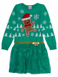 Girls Green Gingerbread Man Cookie Christmas Holiday Sweater Dress