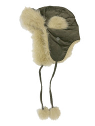 Womens Khaki Green Brown Corduroy & Faux Fur Aviator Style Trapper Hat
