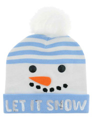 Womens Blue Sequin Let It Snow Snowman Holiday Beanie Hat Knit Stocking Cap