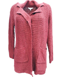 Womens Burgundy Red Cable Knit Notch Collar Sweater Casual & Dress Cardigan