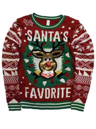 Junior Womens Red Sequin Reindeer Christmas Holiday Sweater Santas Favorite