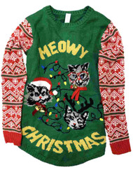 Junior Womens Green Meowy Christmas Light Up Kitty Cat Holiday Sweater