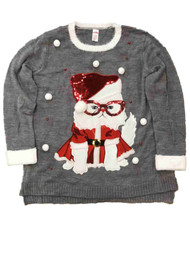 Womens Gray Kitty Cat Santa Claus Sequin Holiday Christmas Sweater