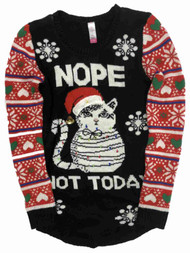 Junior Womens Black Nope Not Today Kitty Cat Light Up Christmas Sweater
