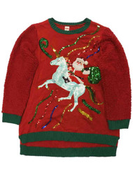 Womens Red Sequin Santa Claus & Unicorn Tinsel Holiday Christmas Sweater