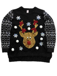 Womens Black & Gold Red Nose Reindeer Sequin Holiday Christmas Sweater