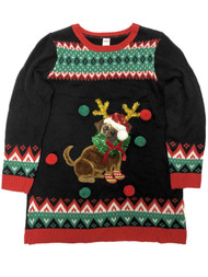 Womens Black Santa Claus Puppy Dog Tinsel Sequin Holiday Christmas Sweater