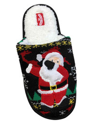 Mens Black Knit Sherpa Dabbing Santa Claus Christmas Holiday Slippers Scuffs