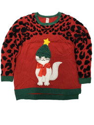 Womens Red Kitty Cat Leopard Rhinestone Holiday Christmas Sweater
