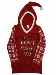 Junior Womens Sequin Santa Don't Judge Me Hoodie Christmas Holiday Sweater