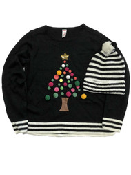 Womens Black Pom Pom Christmas Tree Holiday Sweater & Stripe Beanie Hat Set