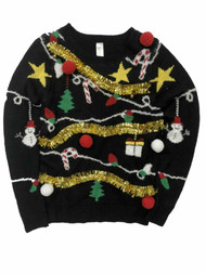Junior Womens Black & Gold Tinsel Christmas Holiday Sweater