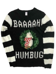 Junior Womens Black Tinsel Baaah Humbug Lamb Christmas Holiday Sweater