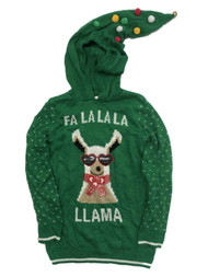 Junior Womens Green Sequin Fala LLama Hoodie Christmas Holiday Sweater