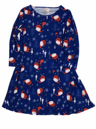 Womens Stretchy Blue Knit Santa Claus & Snowflake Christmas Holiday Dress