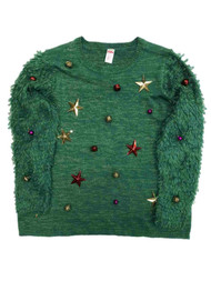 Womens Embellished Metallic Green & Gold Christmas Tree Holiday Sweater