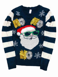 Junior Womens Navy Blue Santa Claus HO HO Tinsel Christmas Holiday Sweater