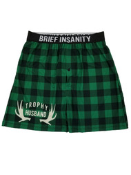 Brief Insanity Mens Green Plaid Trophy Husband Buck Antler Boxer Shorts S