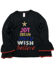 Womens Black Sequin Joy Dream Jolly Wish Believe Christmas Holiday Sweater