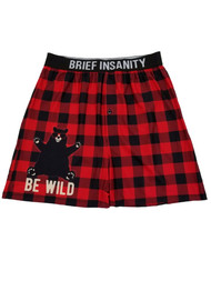 Brief Insanity Mens Red Buffalo Plaid Be Wild Bear Boxer Shorts