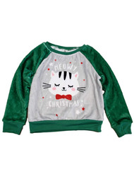 Girls Green Holiday Christmas Cat Meow Plush Fuzzy Sweatshirt Sweat Shirt