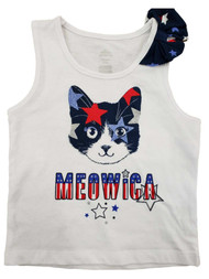 Girls Red White Blue Silver Cat Star Patriotic Meow Tank Top Bow T-Shirt