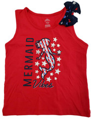 Girls Red White Blue Silver Star Patriotic Mermaid Bow Tank Top T-Shirt