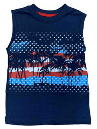 Boys Navy Blue American Flag & Palm Trees Muscle Tank Top T-Shirt