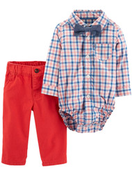 Carters Infant Boys Coral Plaid Flannel Button Up Shirt Bowtie & Jeans Outfit