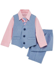 Infant Boys 4 Piece Blue & Pink Dress Up Suit Outfit With Tie & Vest