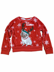 Girls Red Holiday Christmas Pug Dog Plush Fuzzy Sweatshirt Sweat Shirt