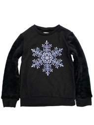 Girls Black Holiday Christmas Snowflake Plush Glitter Sweatshirt Sweat Shirt